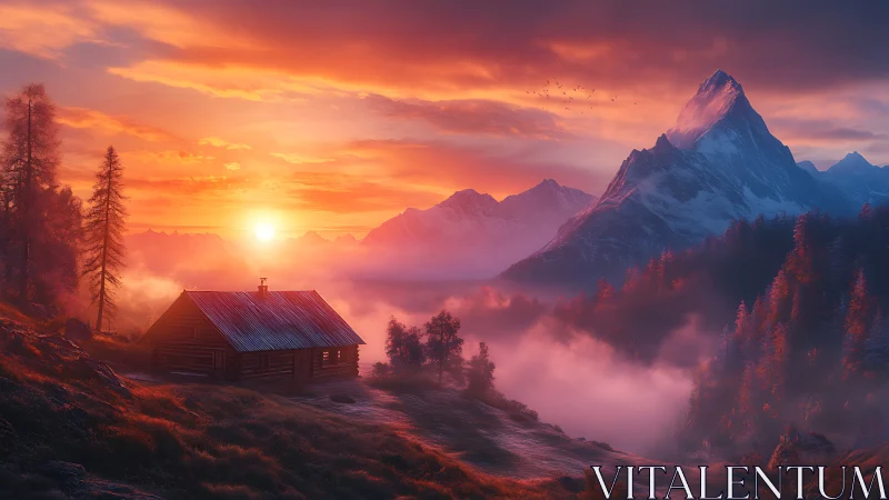 Mountain sunrise bathes misty valley cabin in firelight.