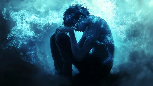 Solitary figure curls into luminous blue storm of emotion