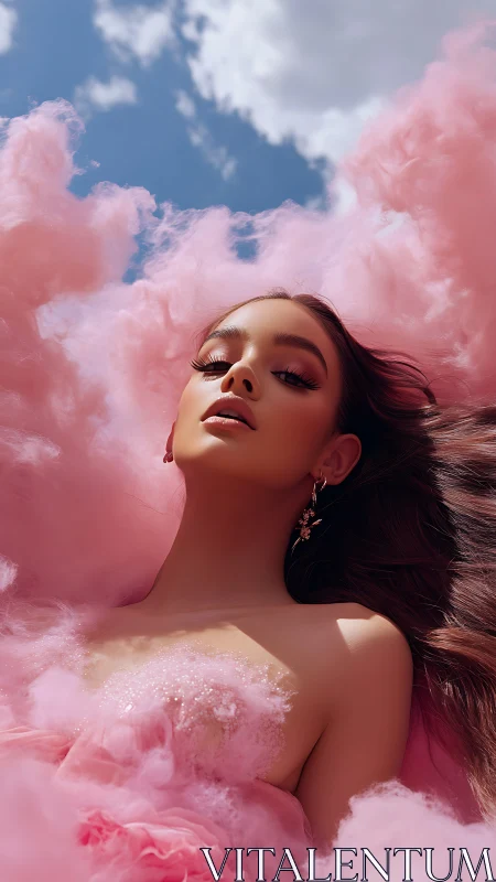 Female subject in pink clouds against blue sky plane.