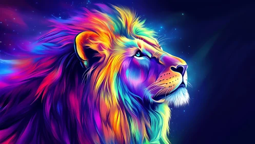 Vibrant cosmic lion gazing into a dreamy neon night sky.