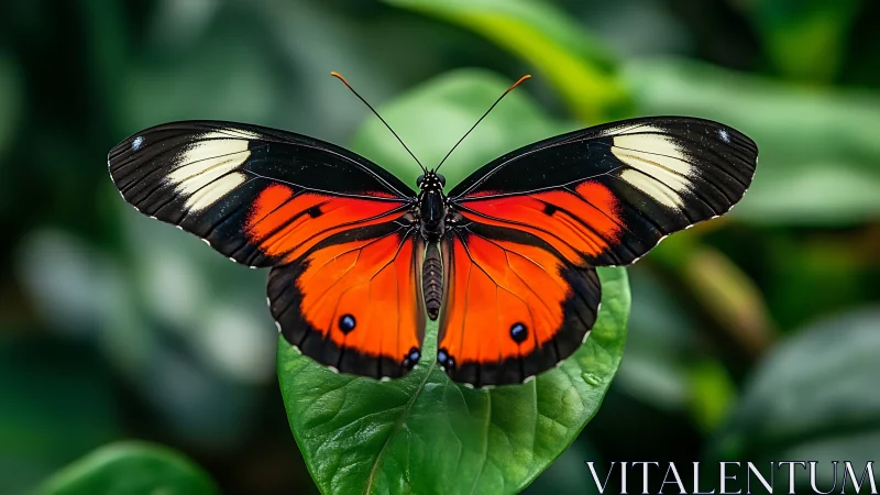 Photorealistic macro of red-black butterfly on foliage plane.
