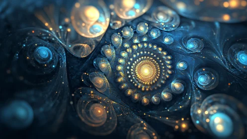 Spiraling cosmic fractal glows with blue and golden light.