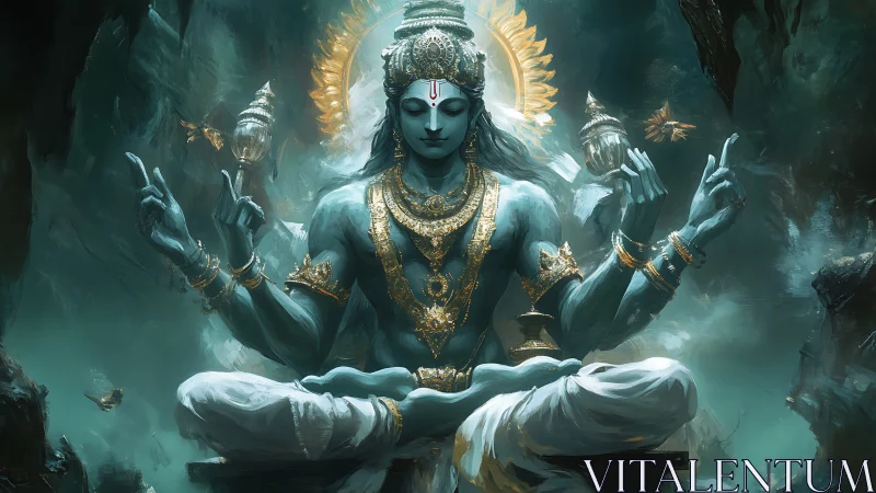 Blue multi-armed deity figure in meditative seated posture.