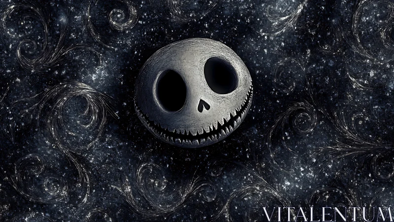 Grinning skull illustration on dark swirling textured space.