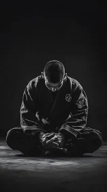 Martial artist bows in meditative black and white portrait.