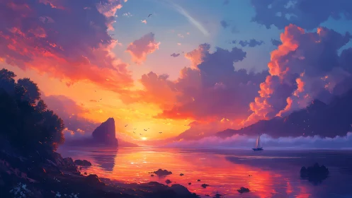 Radiant sunset sky ignites a tranquil bay with drifting sails