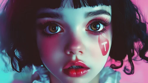 Digital doll portrait with neon lighting and tear mark T.