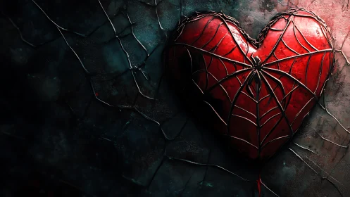 Red Heart Ensnared in Metallic Spiderweb Against Dark Background.