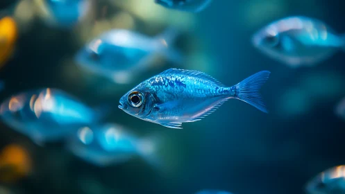 Shimmering blue fish glides gently through its calm ocean home