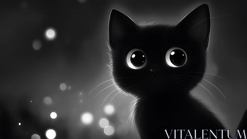 Black Cat with Wide Eyes in Monochrome Setting.