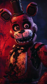 Grinning nightmare animatronic bear in grim neon spotlight.