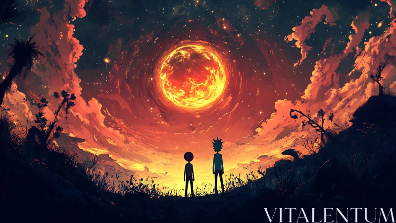 Two friends share a fiery cosmic sunset sky together.