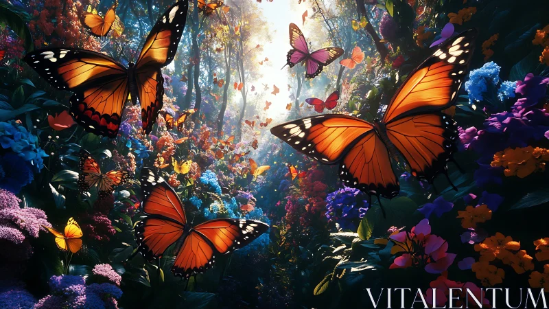 Digital painting of monarch butterflies in lush floral ravine.