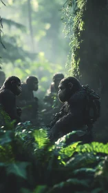 Armored chimpanzee squad advances through misty jungle corridor