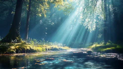 Sunlit forest stream where morning light lingers gently.