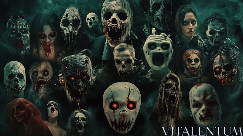 Clustered horror faces fill frame with decayed skull masks