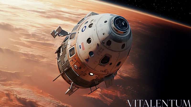 Crewed orbital capsule gliding above sunlit Martian horizon.