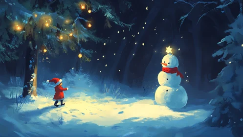 Child in red coat approaches illuminated snowman in forest clearing