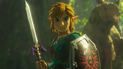 Forest hero steadies gleaming sword beneath dappled light.