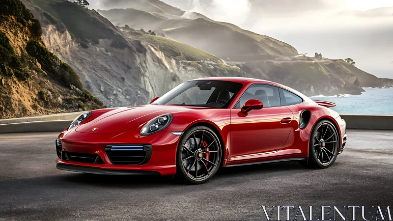 Photorealistic red sports coupé on coastal scenic overlook.