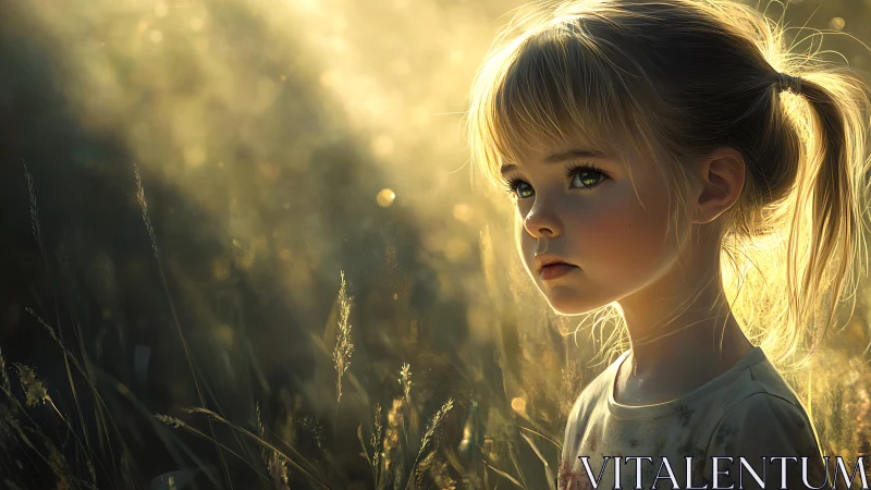 Golden backlit portrait of young girl in sunlit meadow.