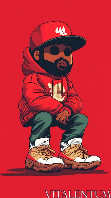 Stylized cartoon figure in red streetwear on red ground.
