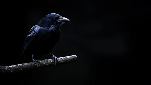 Dramatic raven perched on branch against dark background, moody style.