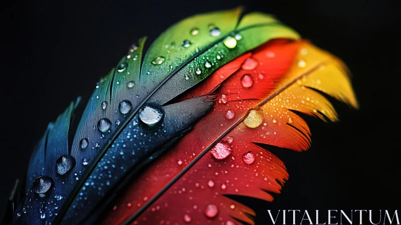 Prismatic rain-kissed feather glows against velvet dark.