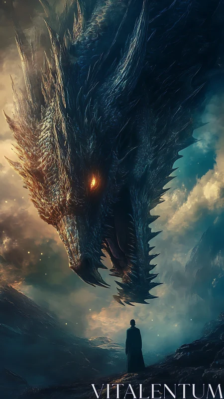 Colossal dragon lowers burning gaze toward lone cloaked figure