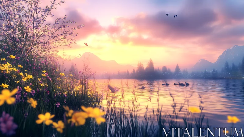 Sunlit alpine lake with wildflower shoreline and pastel sky.