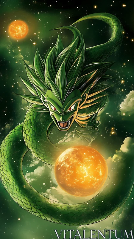 Cosmic green dragon spiraling around glowing golden worlds.
