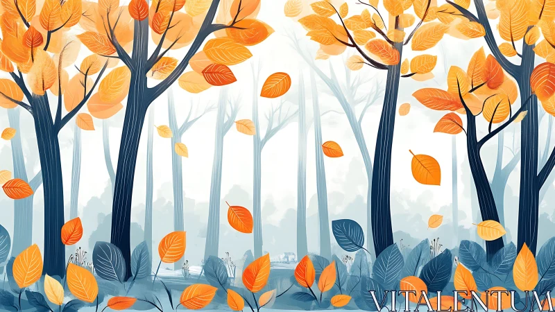 Autumn Forest with Falling Leaves: Digital Illustration.