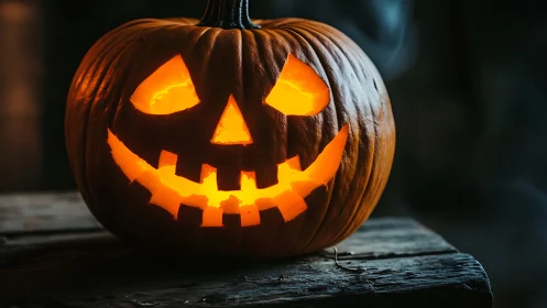 Carved jack o lantern pumpkin glowing on wooden table.