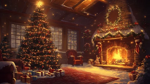 Christmas tree and stone fireplace in snow covered log cabin