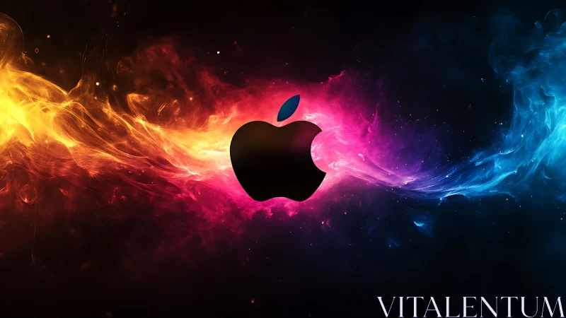 Glowing color waves swirl around a bold apple silhouette.