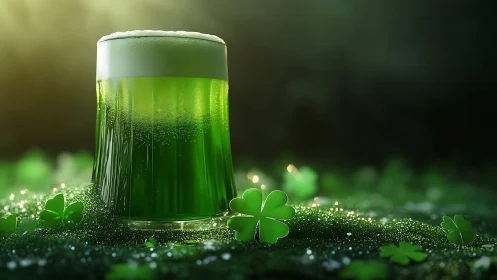 Green beer glass stands amid glowing clover on moss