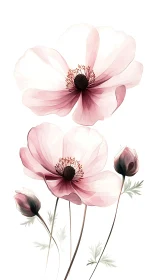 Delicate Pink Cosmos Flowers in Botanical Watercolor Art