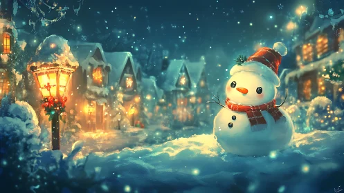 Snowman in illuminated winter village under glowing lamplight