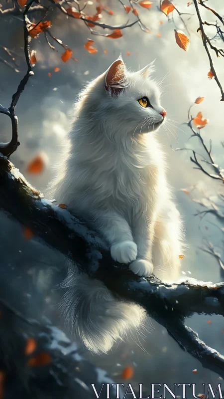 White Feline Contemplation: Autumn Branches Digital Study.