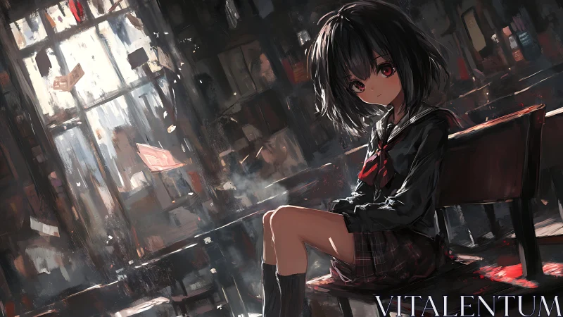 Backlit anime schoolgirl in chaotic classroom with dynamic lighting