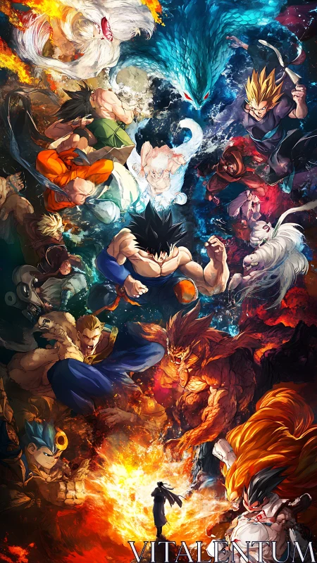 Explosive anime warriors converging around fiery energy core.