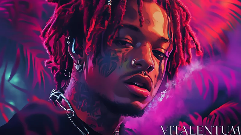 Neon-lit portrait captures moody gaze amid vapor haze.