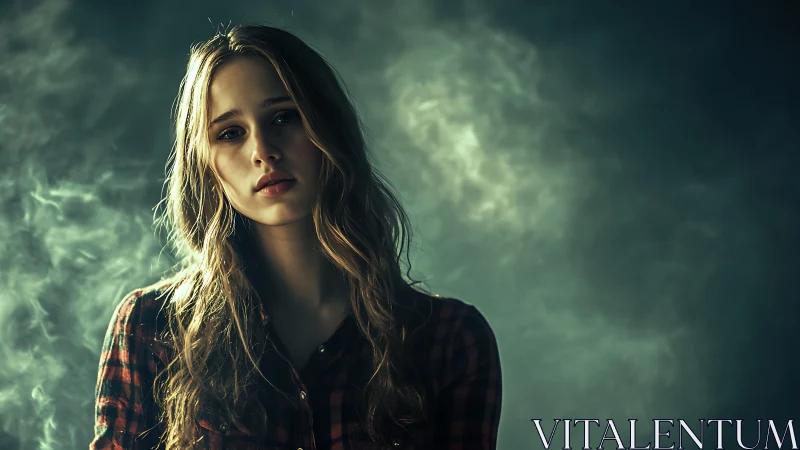 Moody portrait of young woman in plaid amid swirling smoke.