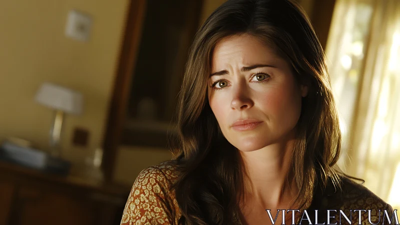 Photorealistic portrait in warm domestic window light framing.