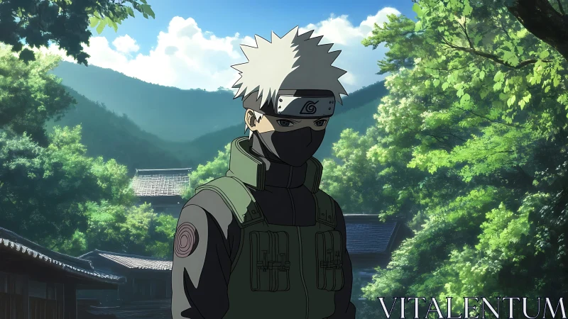 Masked forest sentinel studies sunlight over hidden roofs