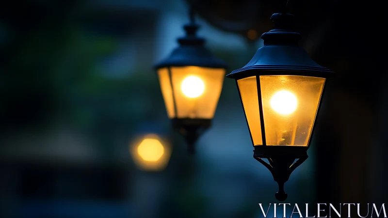 Lantern duet pouring warm gold into deep blue dusk.