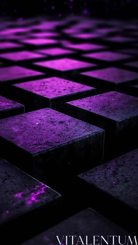 Iridescent purple cubes in staggered geometric gridscape.