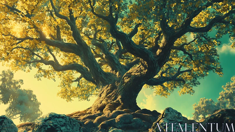 Large mature tree on rocky terrain under diffused sunlight.