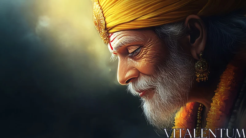 Digital portrait of elderly Indian guru in golden light.