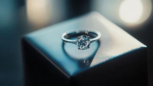 Solitaire diamond ring on luminous pedestal in soft bokeh light.